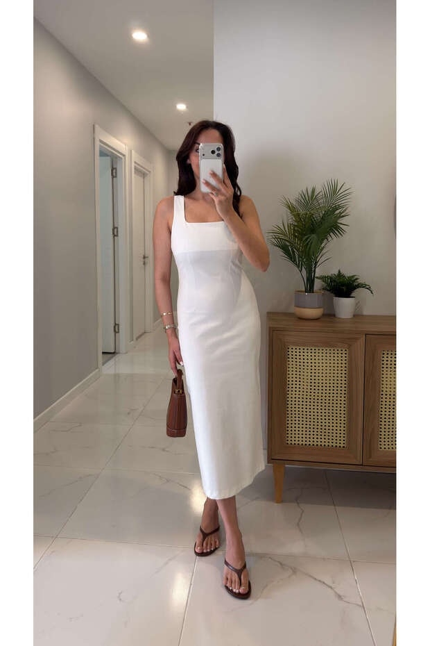 Kenista White Square Neck Dress with Back Slit Detail