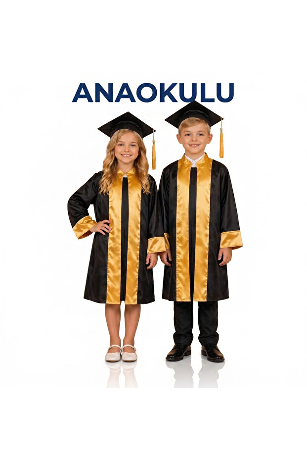 Children's Kindergarten Black Graduation Gown and Cap Set with Colorful Stripes