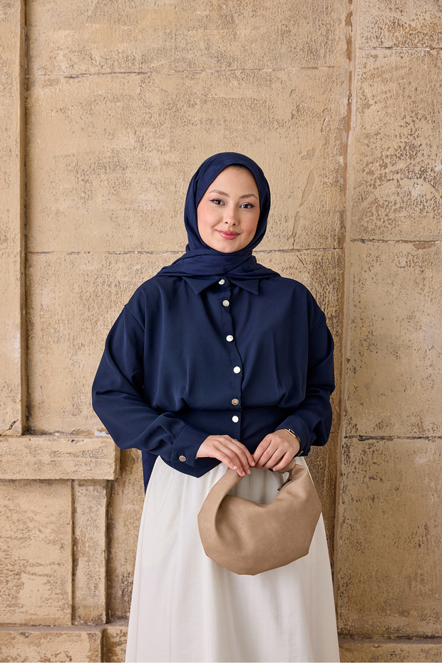 Women's Short Shirt with Waistband, Navy Blue