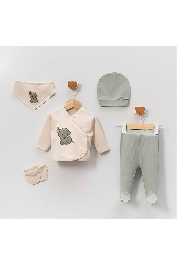 100% Cotton Elephant Embroidered Organic Newborn Hospital Release Set of 5