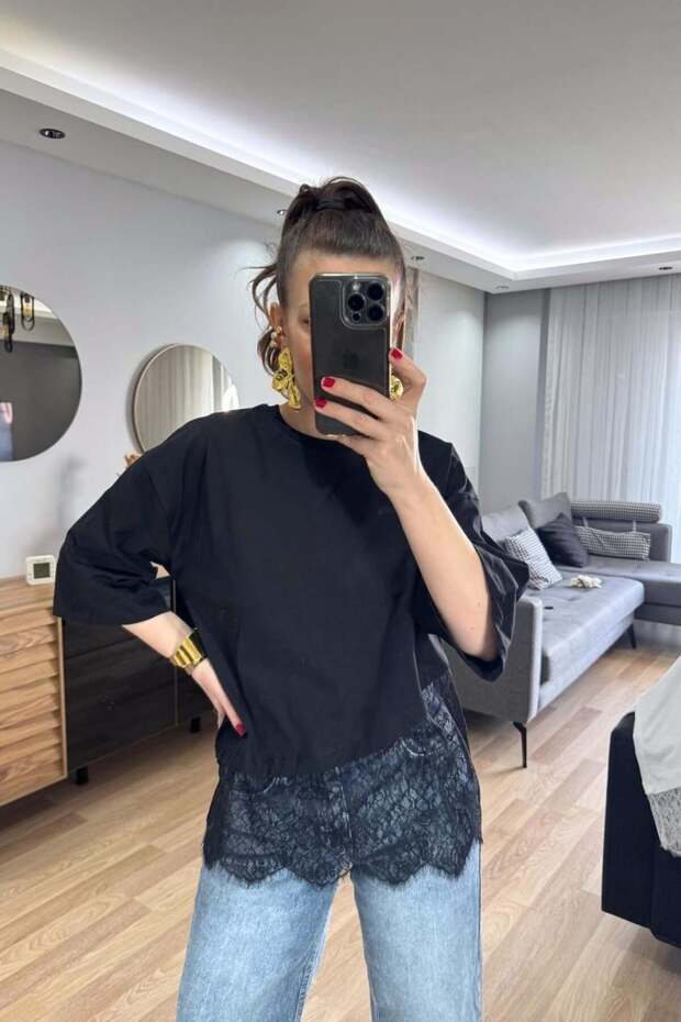Asymmetrical Lace Layered Blouse Black