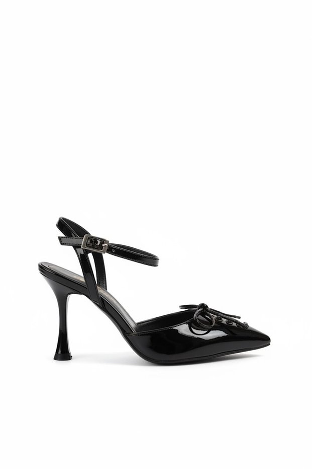 Rekos Black Patent Leather Women's Heeled Shoes with Rope Bow Detail