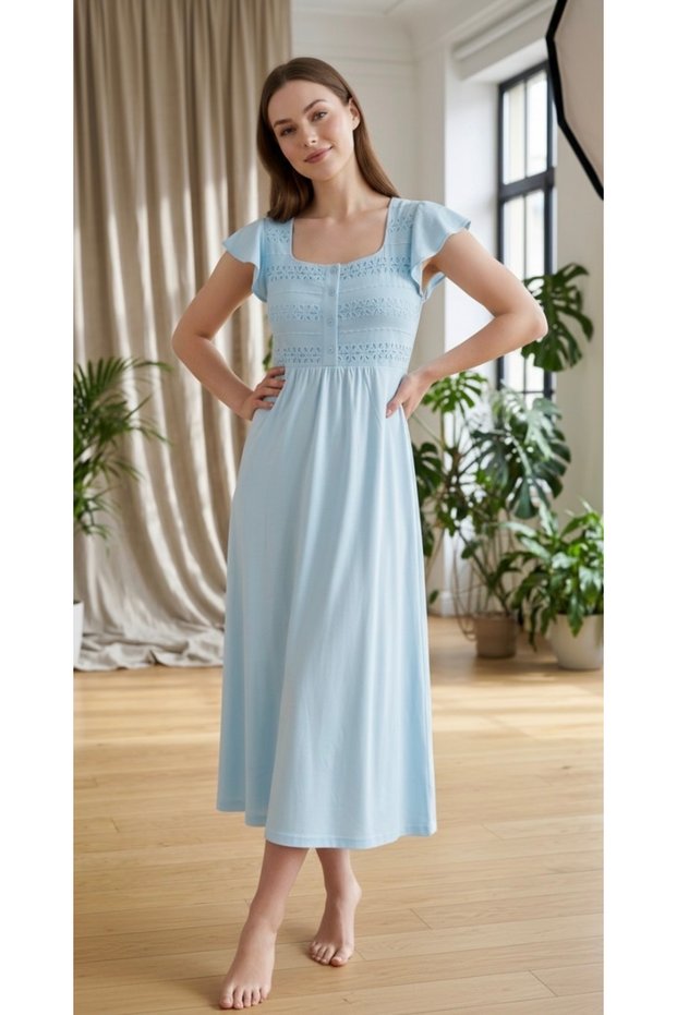 22433 100% Cotton Nightgown Maternity Nightgown Home Dress Lace-Up Half Sleeve Nightgown