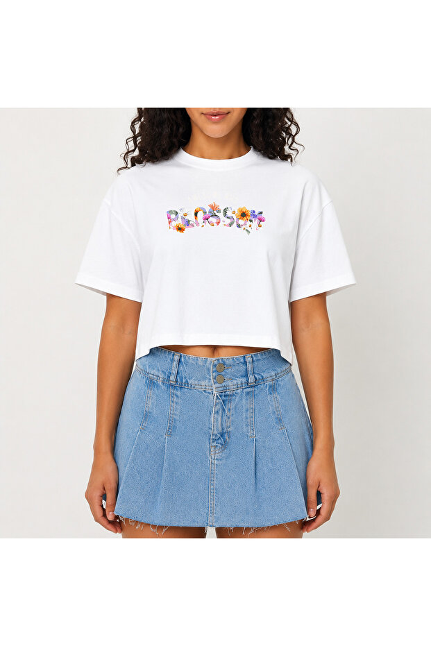 Crop T-Shirt White Printed Relaxed Fit Raw Cut Basic Short Tshirt