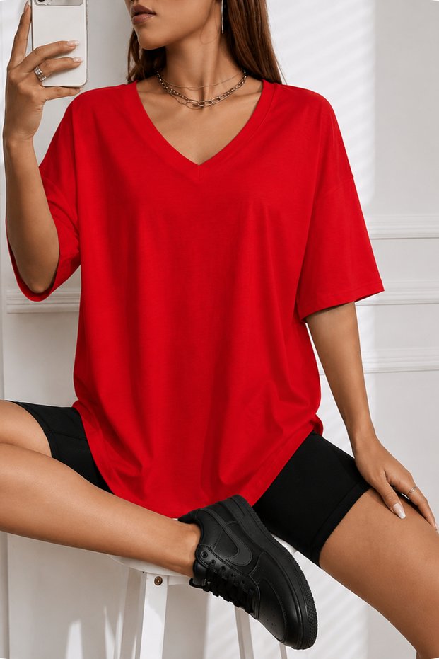 Basic V-Neck Oversize Unisex T-Shirt – Cotton Casual Daily T-Shirt