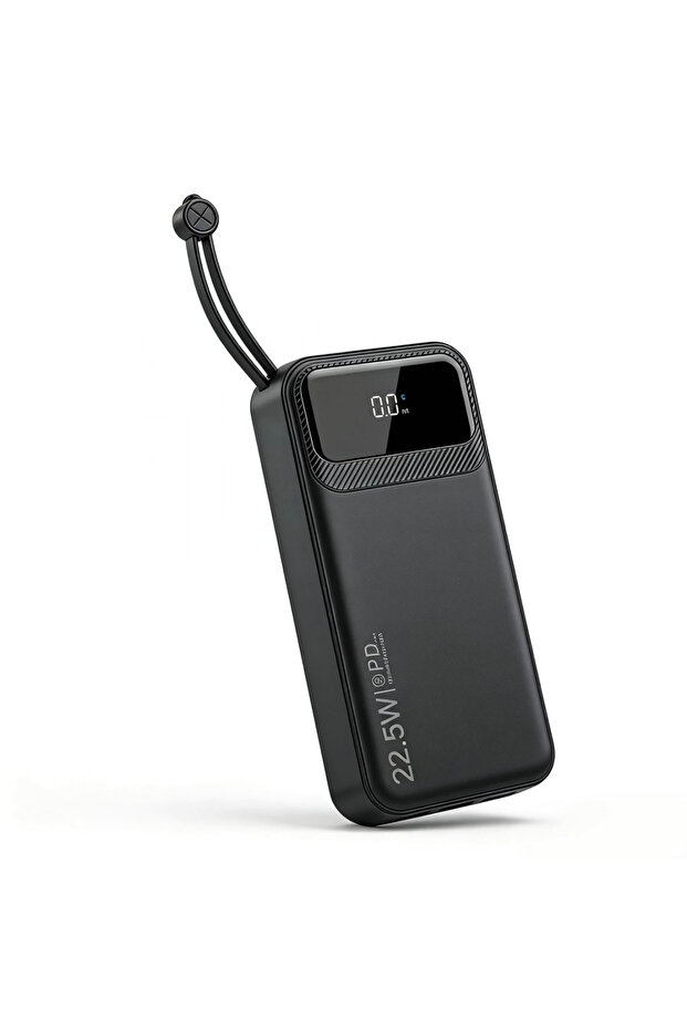Fast-charging 30,000mAh power bank, 22.5W output, LED battery display, multiple protections. Lightweight and portable, built-in charging cable, supports fast charging.