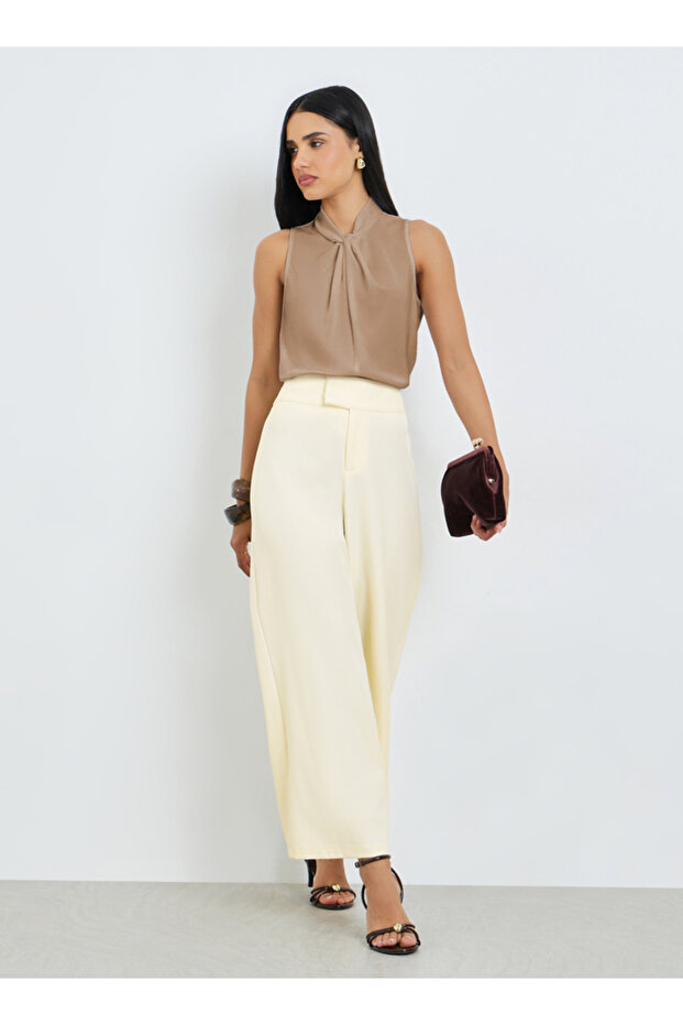 Cream Wide Leg Pants with Extended Waistband