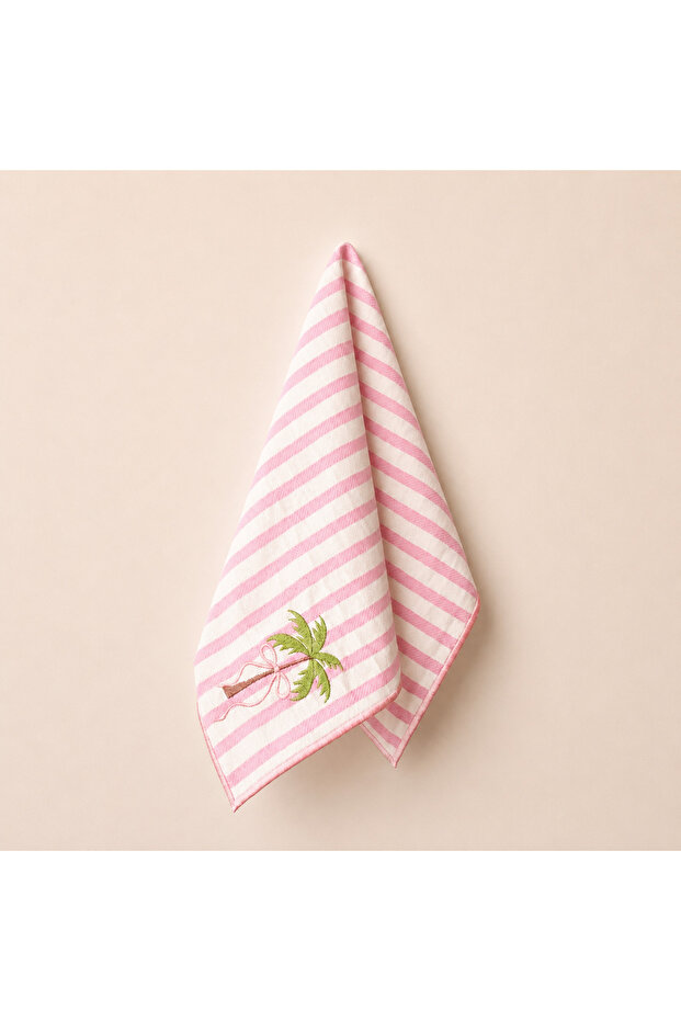 Palm Tree Embroidered Decorative Hand Towel – 100% Cotton, Striped Linen Texture (30X45)