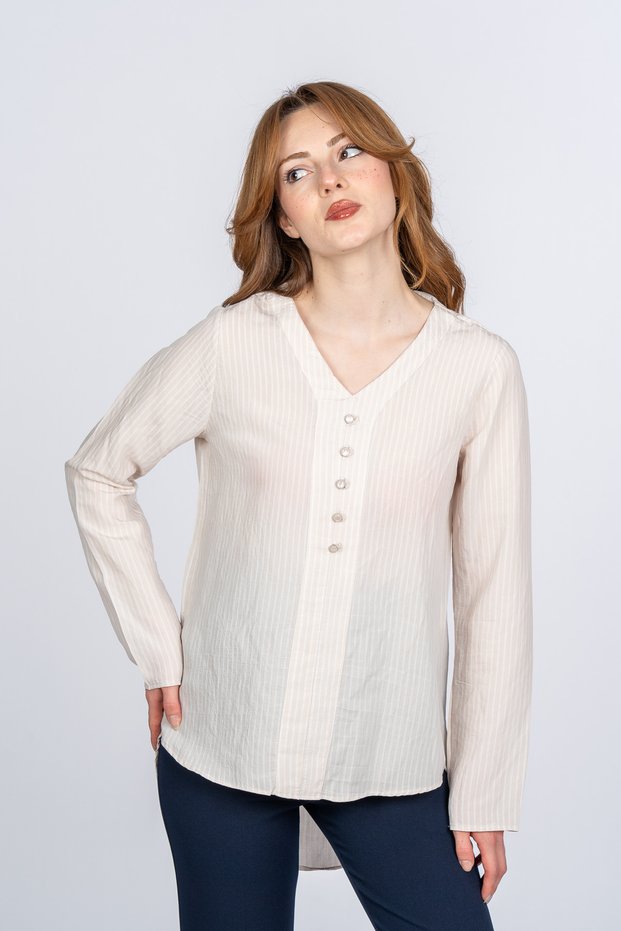 Women's Summer Stone Solena Casual Striped Long Sleeve V-Neck Stylish Comfortable Blouse 70078