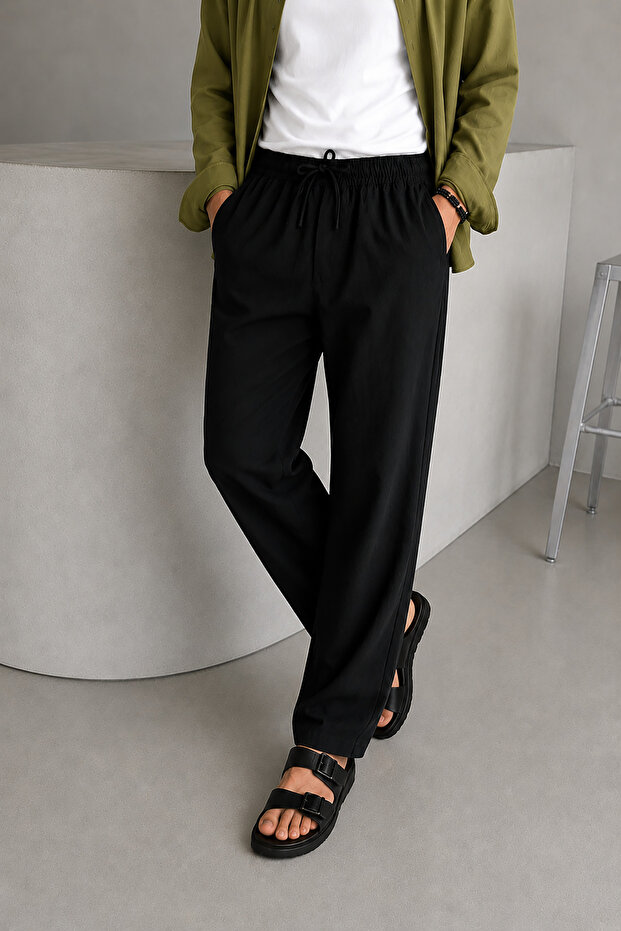 Men's Black Comfortable Fit Elastic Waist Linen Look Baggy Trousers