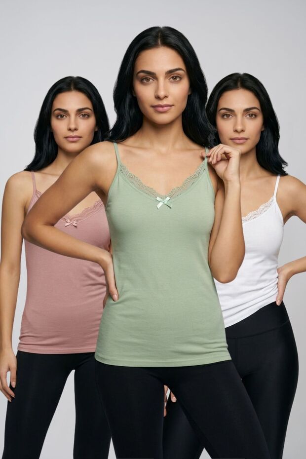 3-Pack Women's Cotton V-Neck Lace Detailed Thin Rope Strap Undershirt Casual Stylish Underwear Badi