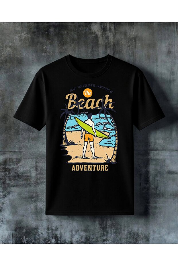 تي شيرت كبير الحجم مطبوع عليه شعار beach adventure surfing