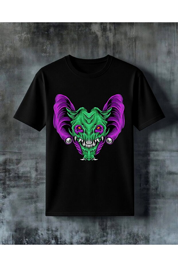 Devil's Head Green Purple Printed Oversize T-Shirt