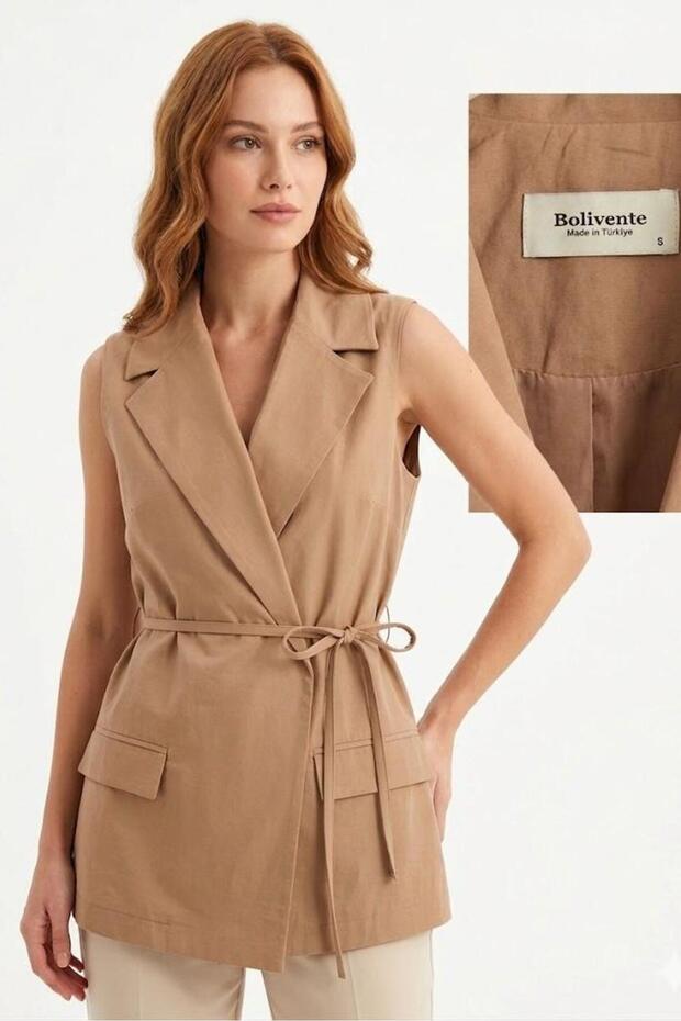 Women's Double-Breasted Collar Waist Tie Sleeveless Vest Brown