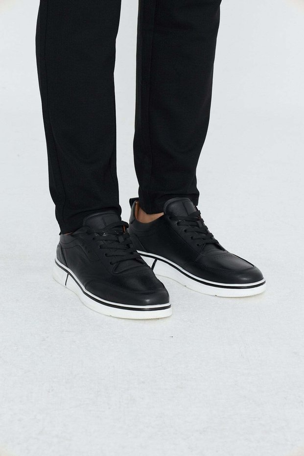 Black Genuine Leather Lace-Up Men's Casual Shoes