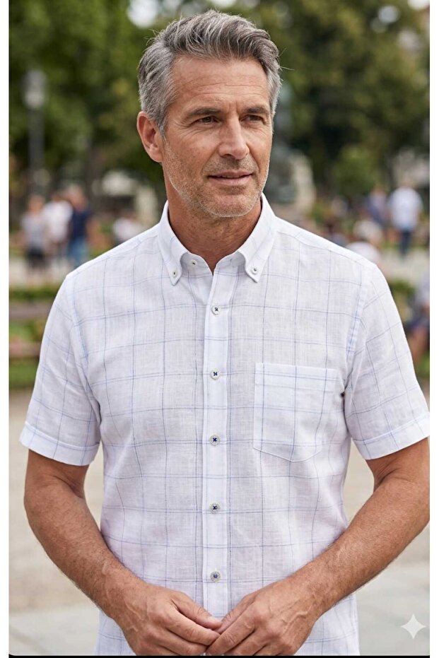 100% Cotton Short Sleeve Pocketed Classic Cut Men's Shirt with Buttoned Collar