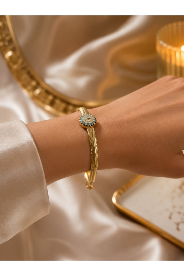 Idilce Nazar Boncuklu Gold Steel Bracelet – 316L Tarnish-Resistant Stone Women's Bracelet
