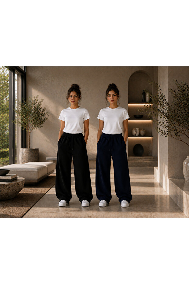 Women's Comfortable Fit 2-Piece Sweatpants Black Navy Blue High Waist
