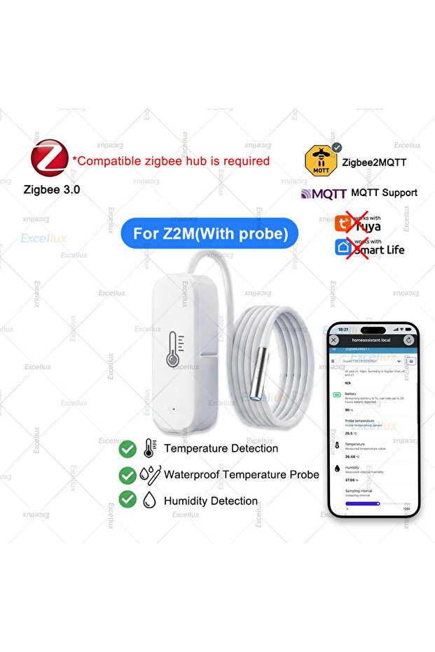 مستشعر درجة الحرارة والرطوبة Z2M (مع مسبار) بتقنية Zigbee 3.0 مع خيار مسبار حرارة خارجي، مناسب لأحواض الأسماك