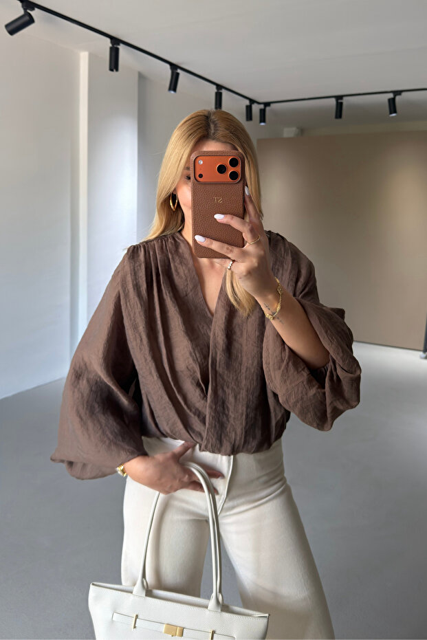 Double-Breasted Collar Padded Voile Brown Blouse