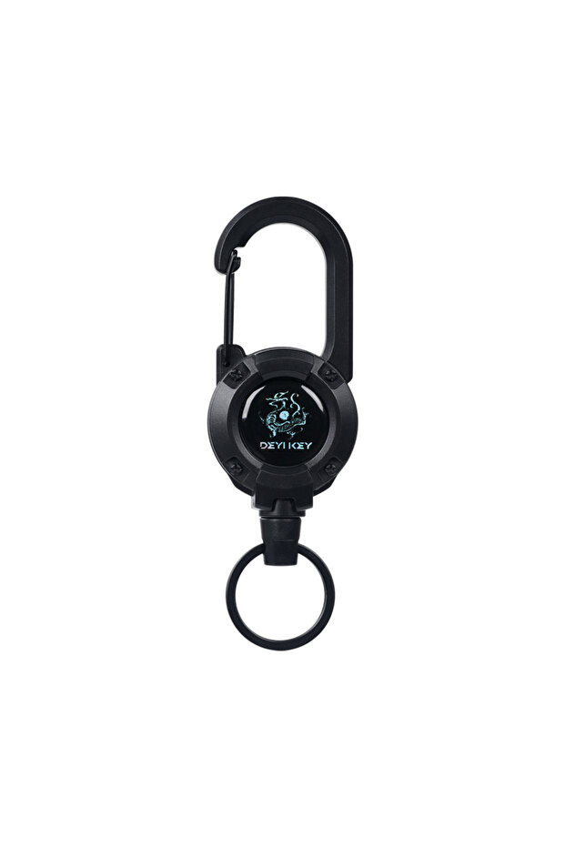 black Heavy Duty Retractable Pull Reel Keychain with Carabiner Strong Steel Wire Rope Buckle Spring
