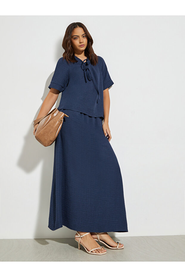 Dark Blue Tie-Up Neck Blouse and Maxi Skirt Co-Ords