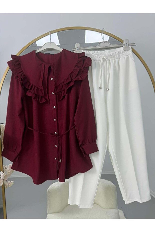 Ruffle Collar Lace-Up Tunic Pants Set Burgundy