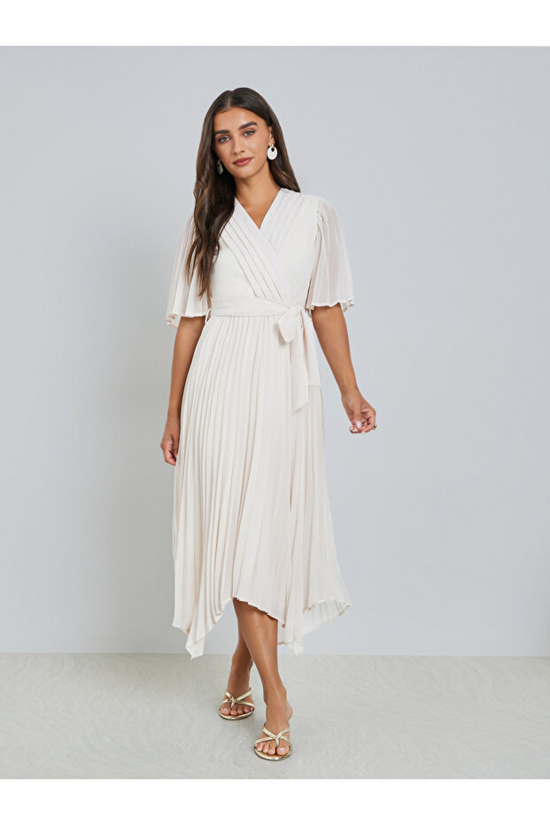 Cream Pleated Midi Dress with Tie-Belt