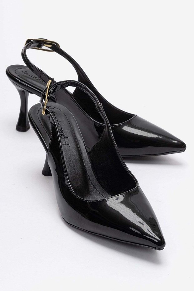 Women's Thin Heeled Buckle-Strapped Open-Back Pointed Toe Heeled Shoes; Black Patent Leather