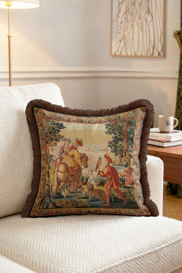 Brown Fringed Tapestry Style Throw Pillow Cover - Horse-Riding Historical Scene Patterned Pillowcase