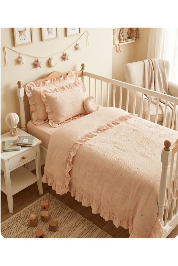 100% Organic Muslin Elegant Embroidered Pink Baby Duvet Cover (Pique) Set