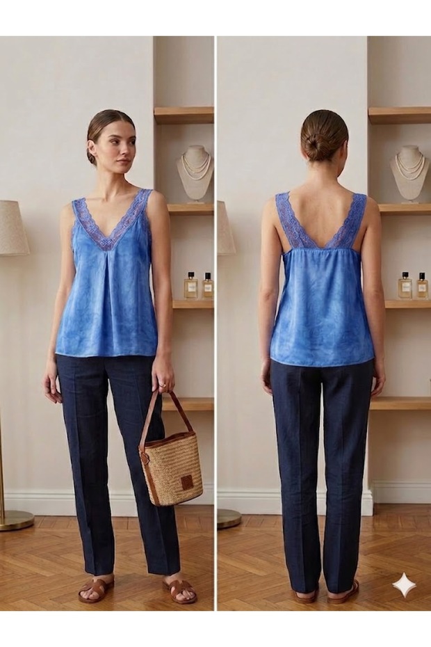 Women's Italian Indigo Blue Lace Detailed Satin Strap Blouse