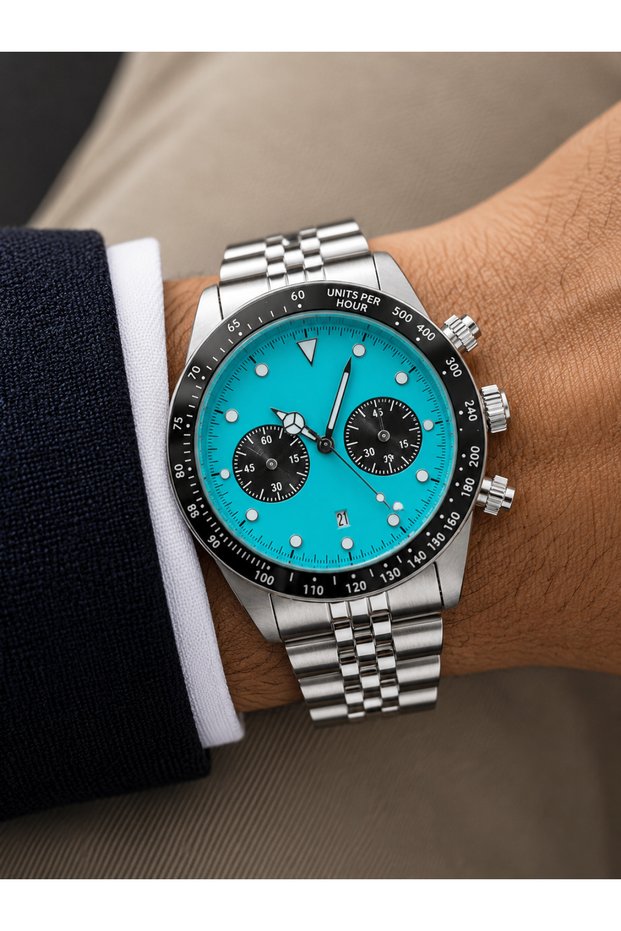 Men's Wristwatch Luxury Design Turquoise Color Dial with Calendar Steel Band Gift Boxed