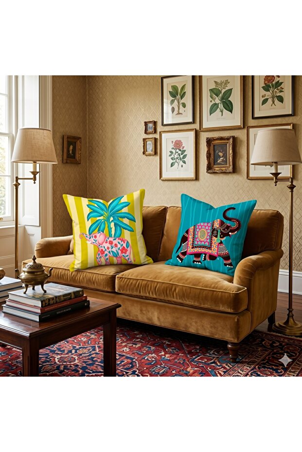 Digital Printed Elephant Patterned Ethnic Design Decorative Throw Pillow Cover 2 Pieces