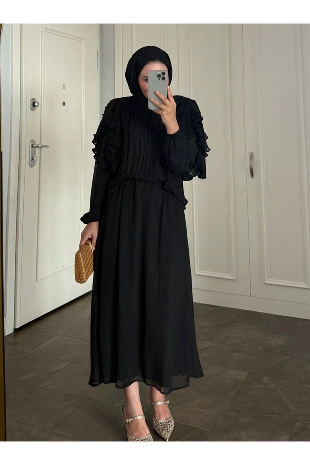 Luxury Piled Ruffle Detail Chiffon Skirt and Bluse Set