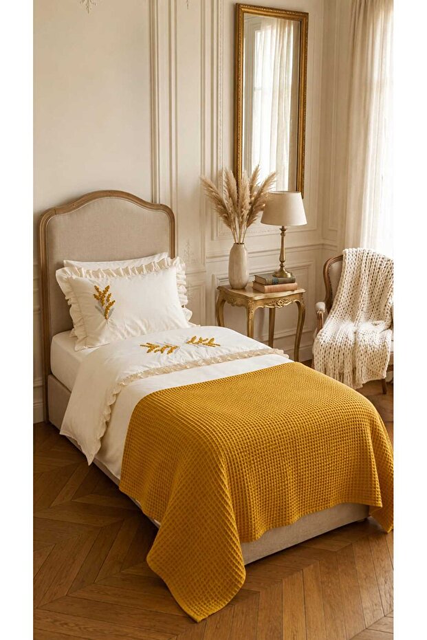 Trigo Mustard Flower Embroidered Cotton Duvet Cover Set 5 Piece Modern Single Set with Runner