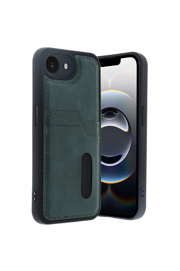 iPhone 16E Case Sara Leather Case with Business Card Holder - Dark Green