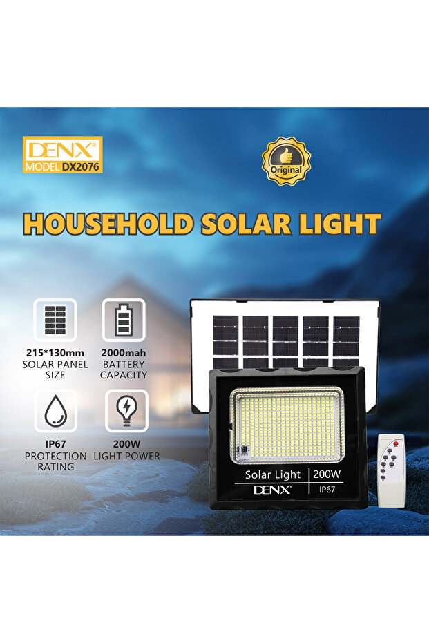 كشاف DENX DX2076 بقوة 200 واط يعمل بالطاقة الشمسية للاستخدام المنزلي، ببطارية 2000 مللي أمبير، مقاوم للماء IP67، إضاءة أمان خارجية