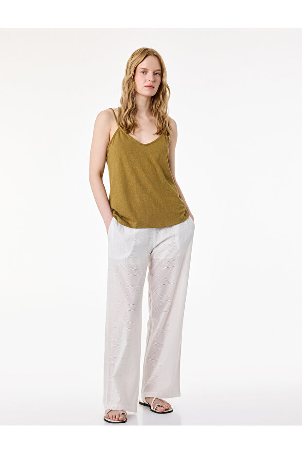 Cotton Pocketed Straight Wide Leg Embroidered Trousers
