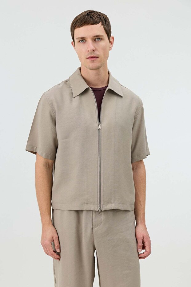 Beige Lyocell Blended Zippered Men's Shirt