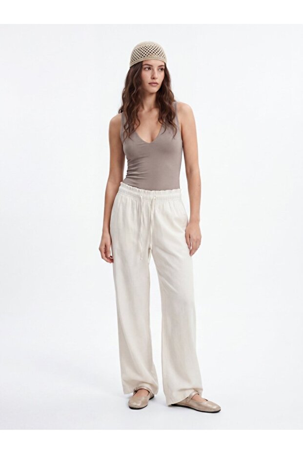 Wide Leg White Trousers with Elastic Waist