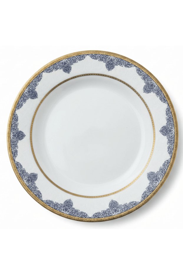 White Porcelain Dessert Plate with Golden Rim & Navy Blue Floral Design — 8 Inch