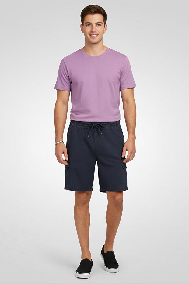 Men Plain Cargo Shorts, Navy Blue - 5