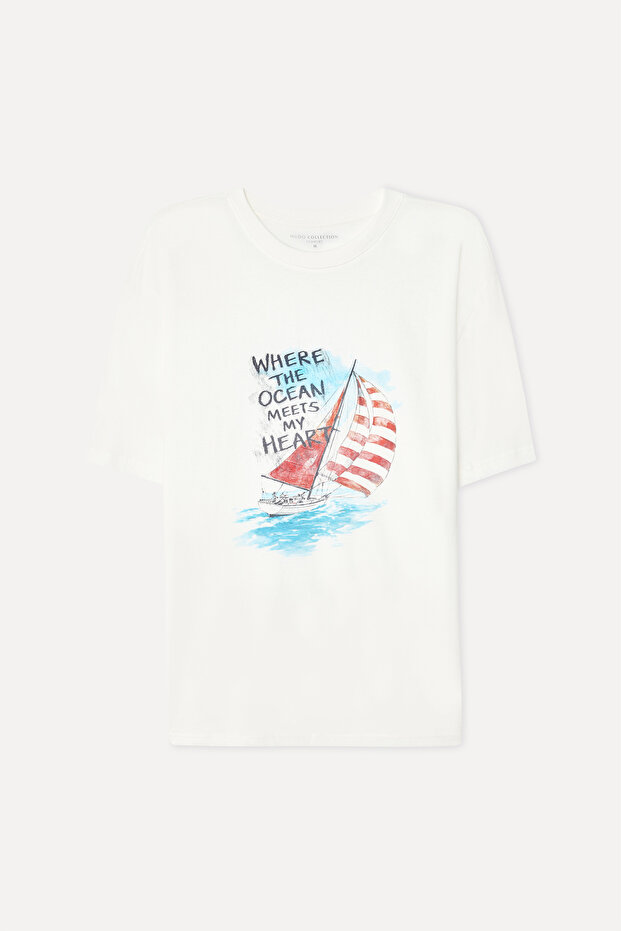 Men's Off-White Printed Comfort Fit Crew Neck T-Shirt