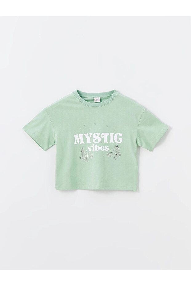 Girl's Crew Neck Printed Short Sleeve Crop T-Shirt