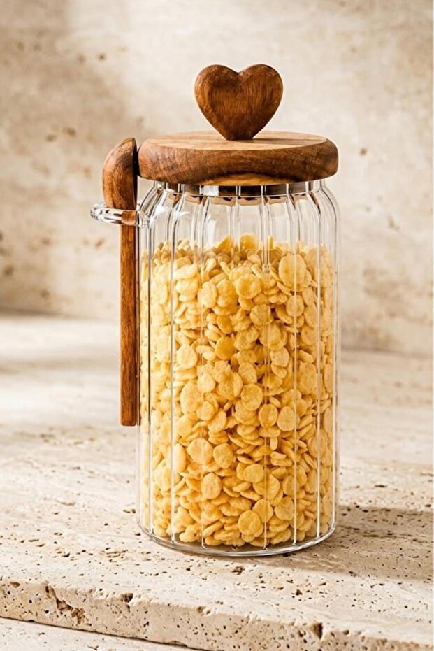 Acacia Wood Heart Lid Glass Jar with Spoon 760 ml - Large Size Slotted Storage Container