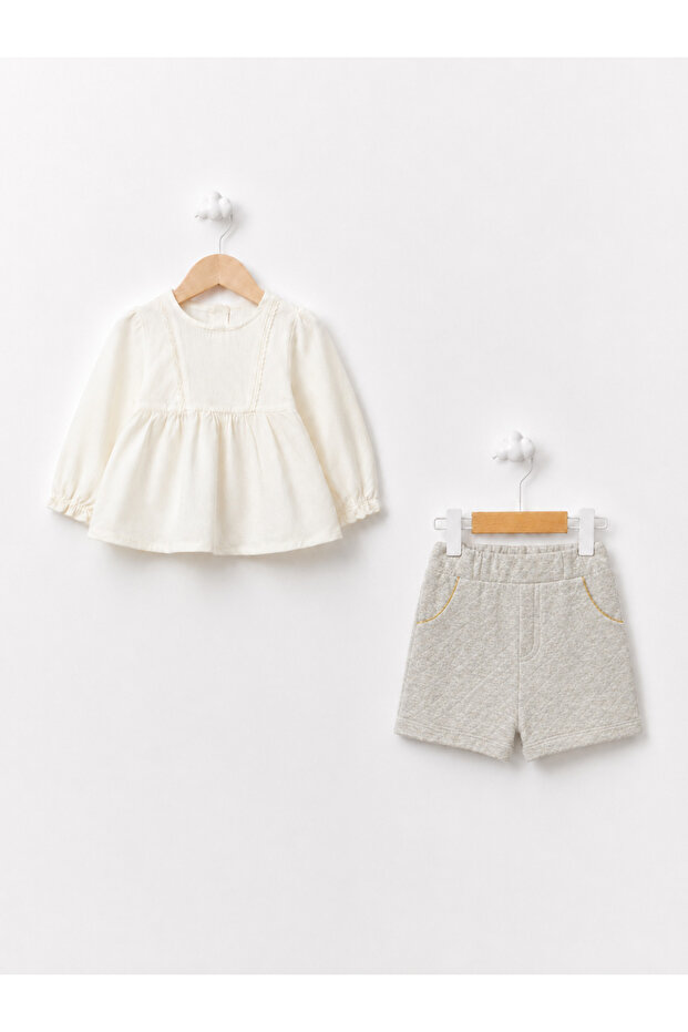Baby Girl Cotton Blouse-Quilted Shorts 2-Piece Set