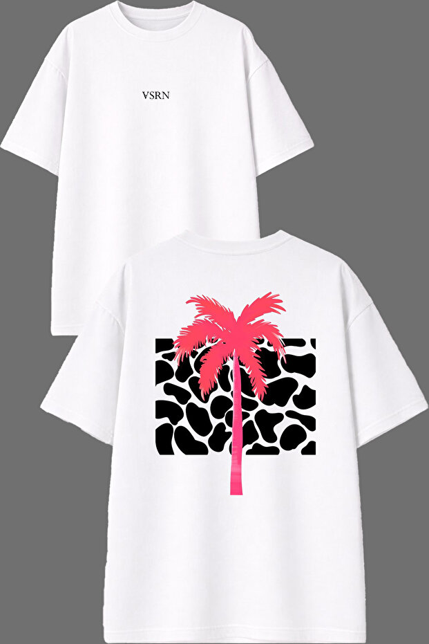 Pink Palm Tree Design Front and Back Printed White Oversize T-Shirt