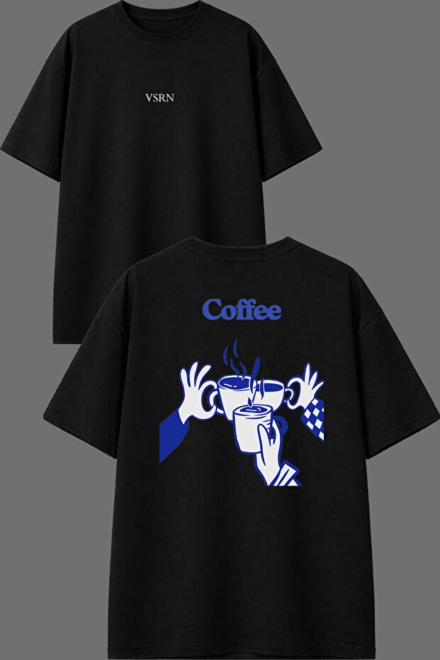تي شيرت أسود كبير الحجم بتصميم Coffee Blue مطبوع من الأمام والخلف