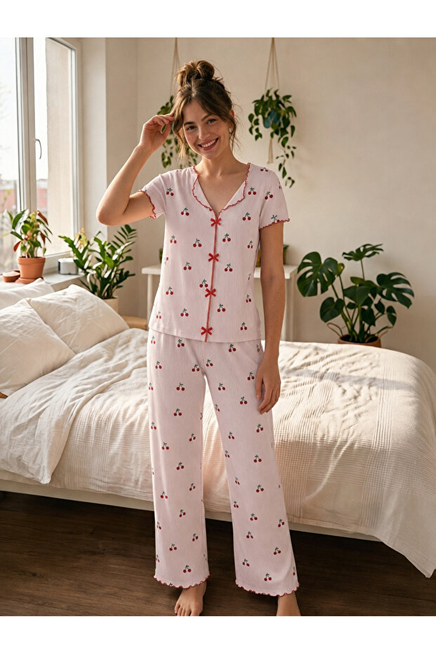 Cherry Patterned Short Sleeve Bow Pajama Set